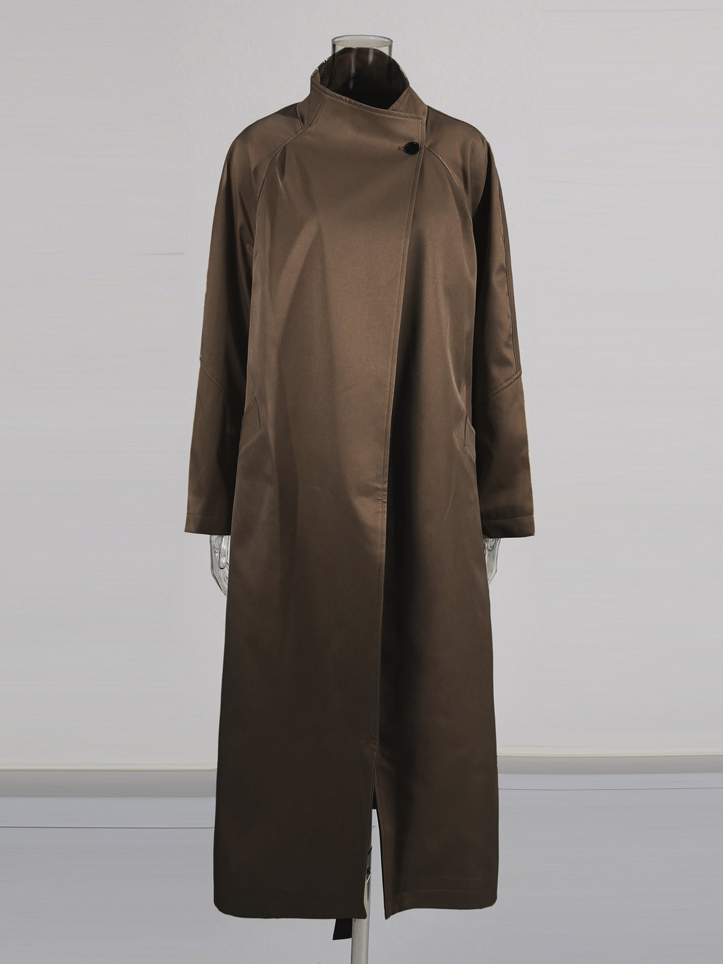 Coffee Asymmetric Long Coat with Stand Collar