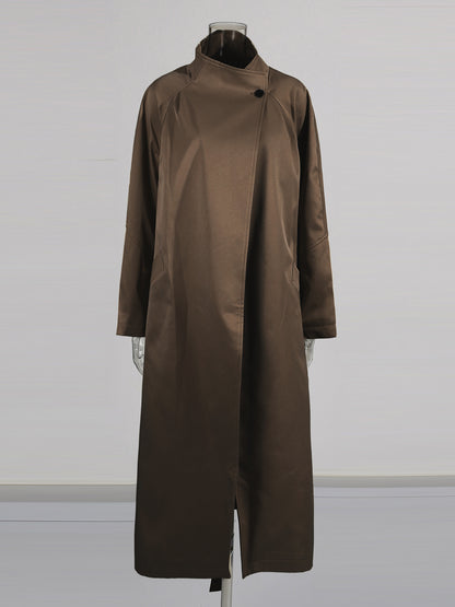 Coffee Asymmetric Long Coat with Stand Collar