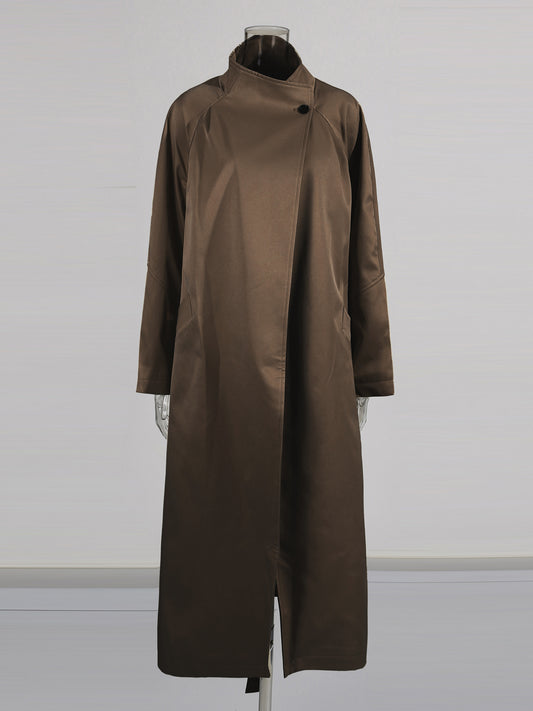 Coffee Asymmetric Long Coat with Stand Collar