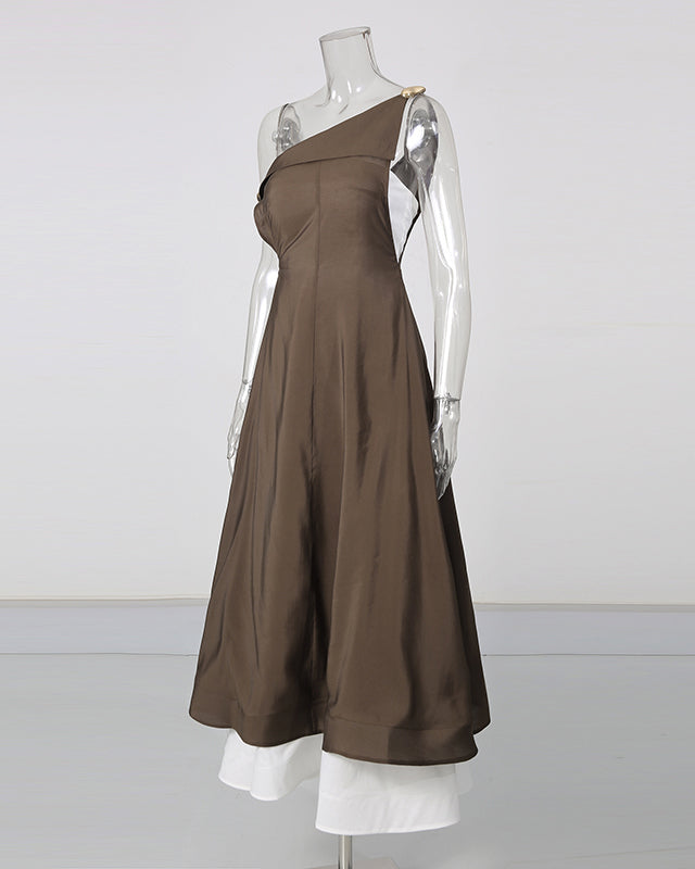 Coffee Asymmetrical One Shoulder Dress