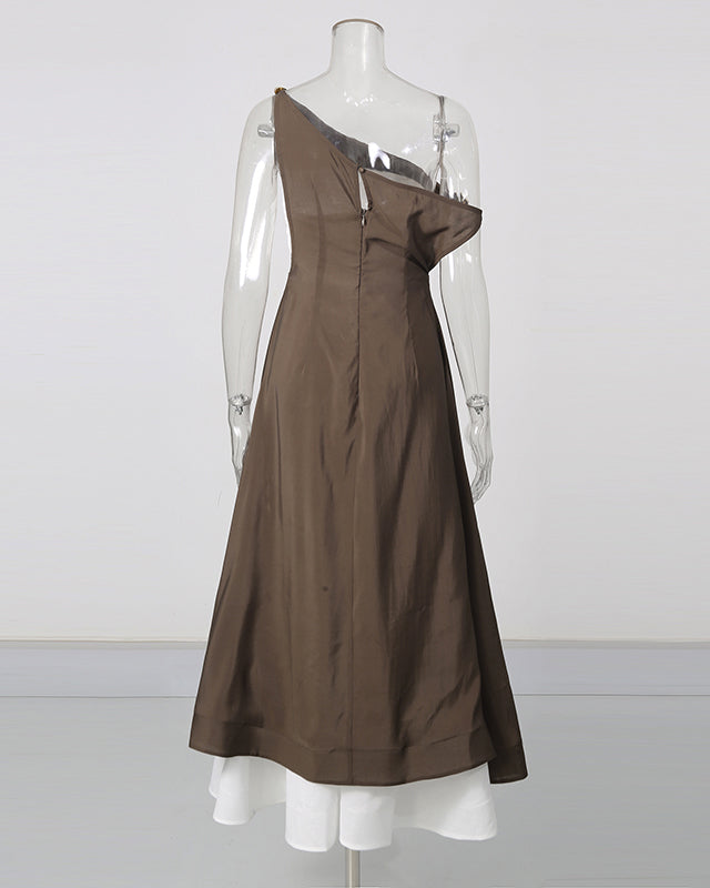 Coffee Asymmetrical One Shoulder Dress