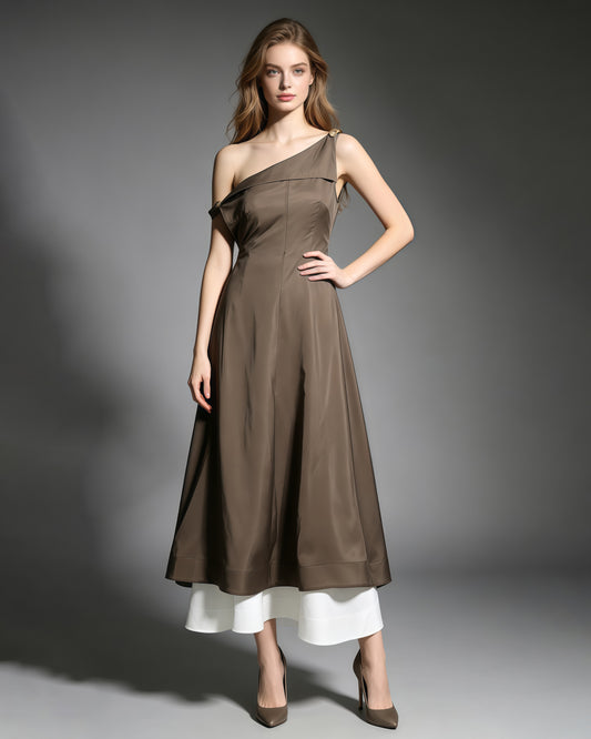 Coffee Asymmetrical One Shoulder Dress