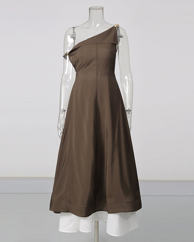 Coffee Asymmetrical One Shoulder Dress