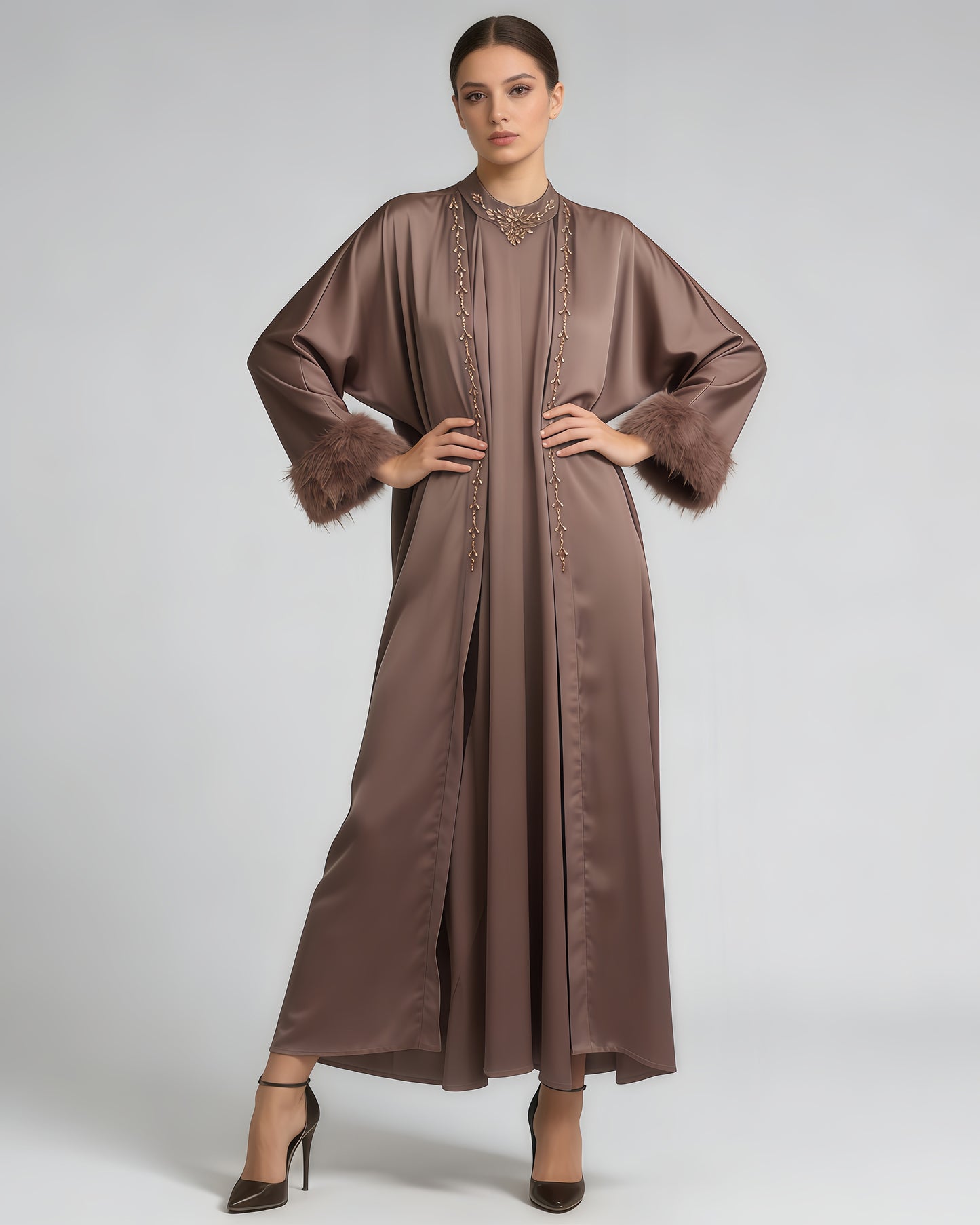 Coffee Beaded Feather Cuff Satin Abaya Set