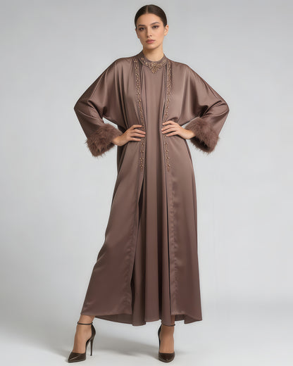 Coffee Beaded Feather Cuff Satin Abaya Set