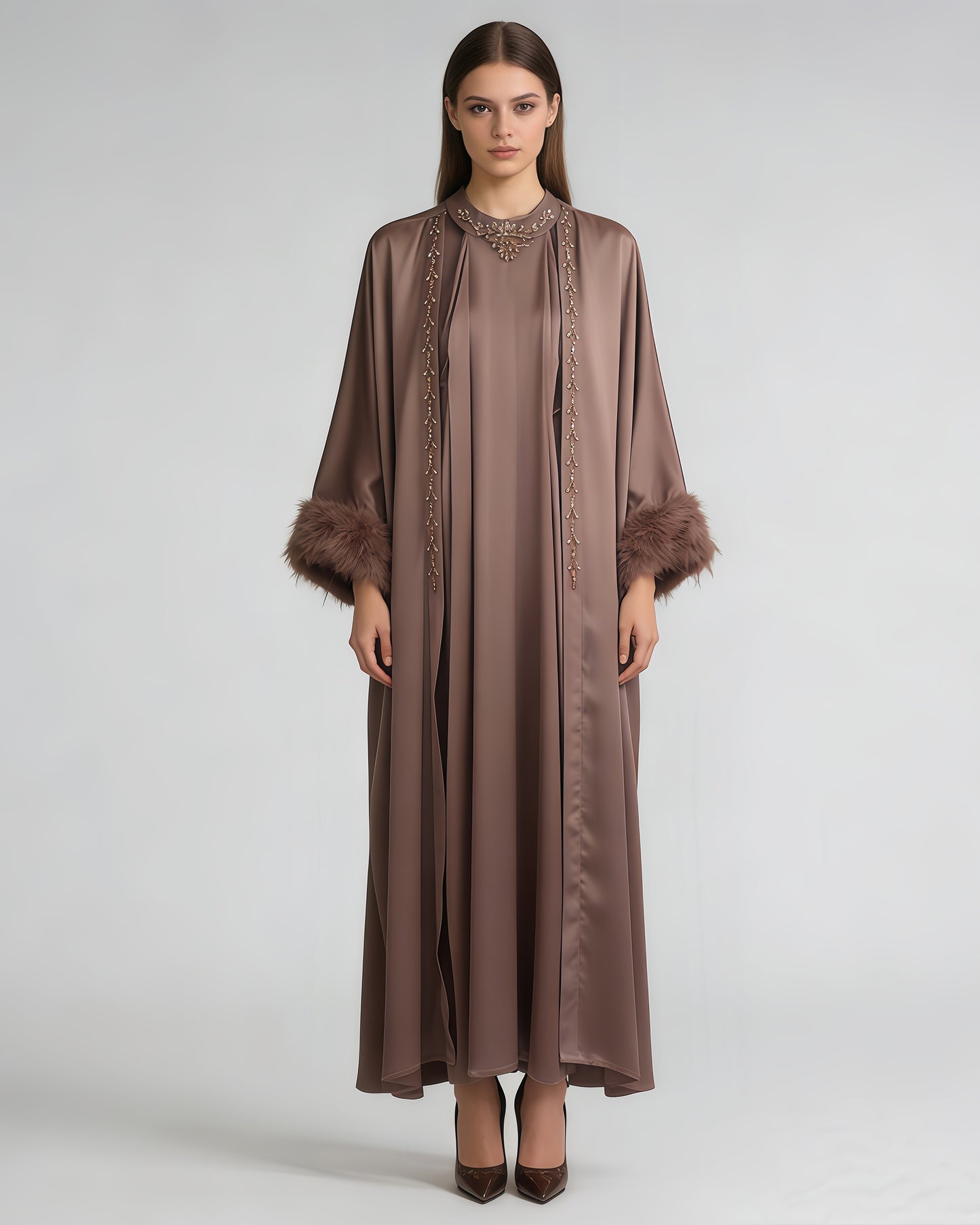 Coffee Beaded Feather Cuff Satin Abaya Set