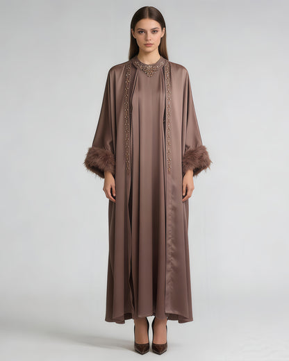 Coffee Beaded Feather Cuff Satin Abaya Set