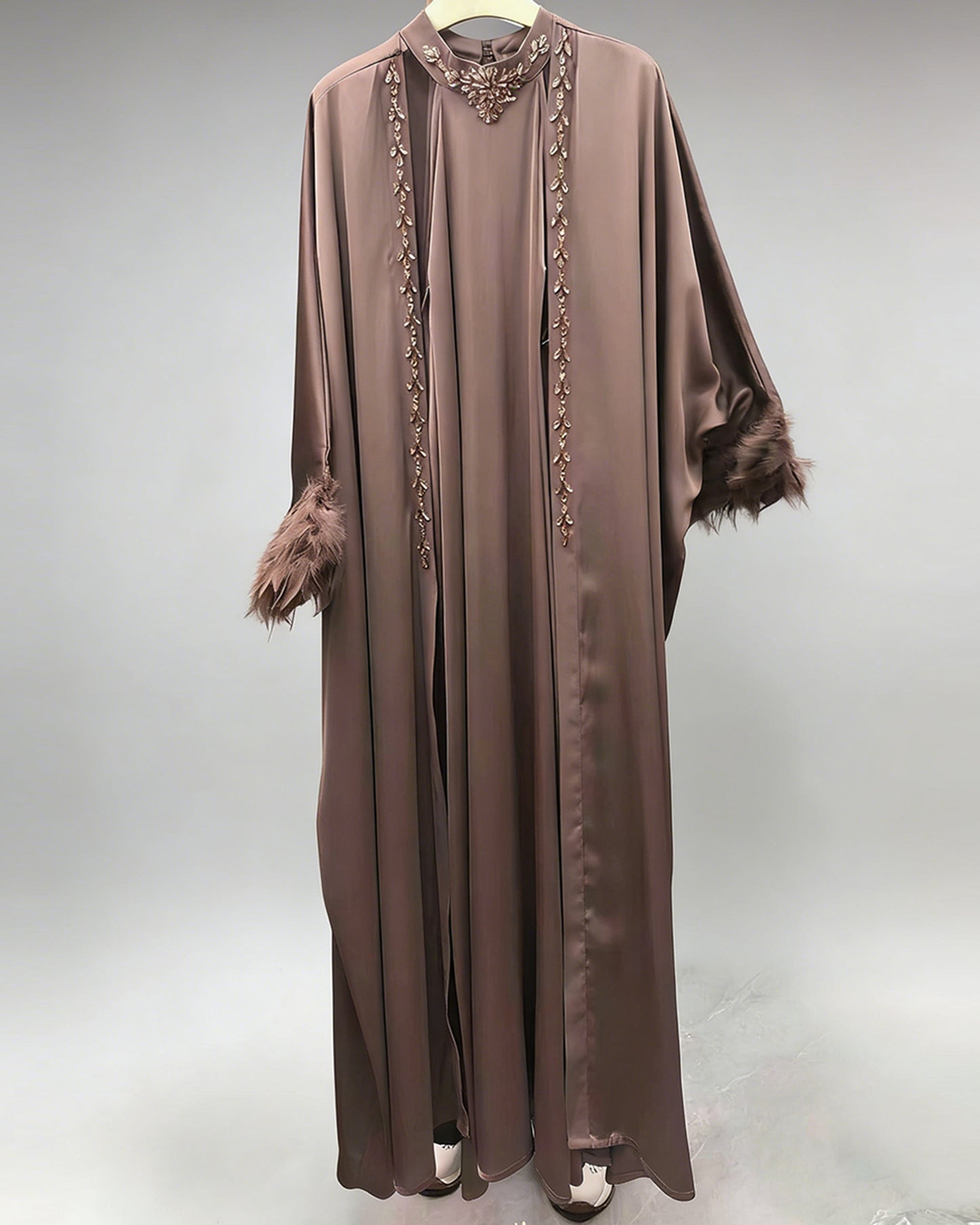 Coffee Beaded Feather Cuff Satin Abaya Set