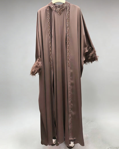 Coffee Beaded Feather Cuff Satin Abaya Set