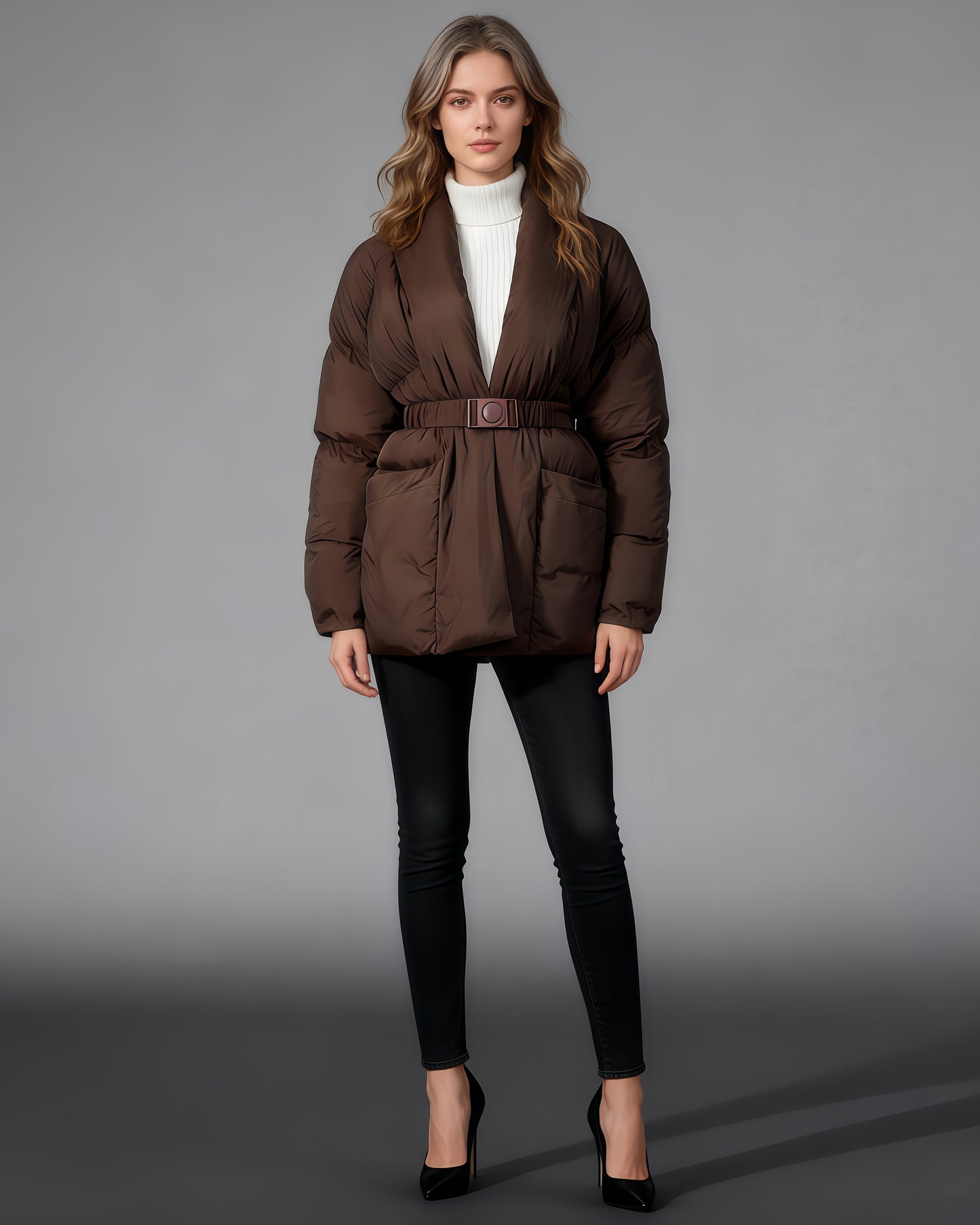 Coffee Belted Cotton-Padded Jacket with Kimono Collar