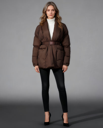 Coffee Belted Cotton-Padded Jacket with Kimono Collar
