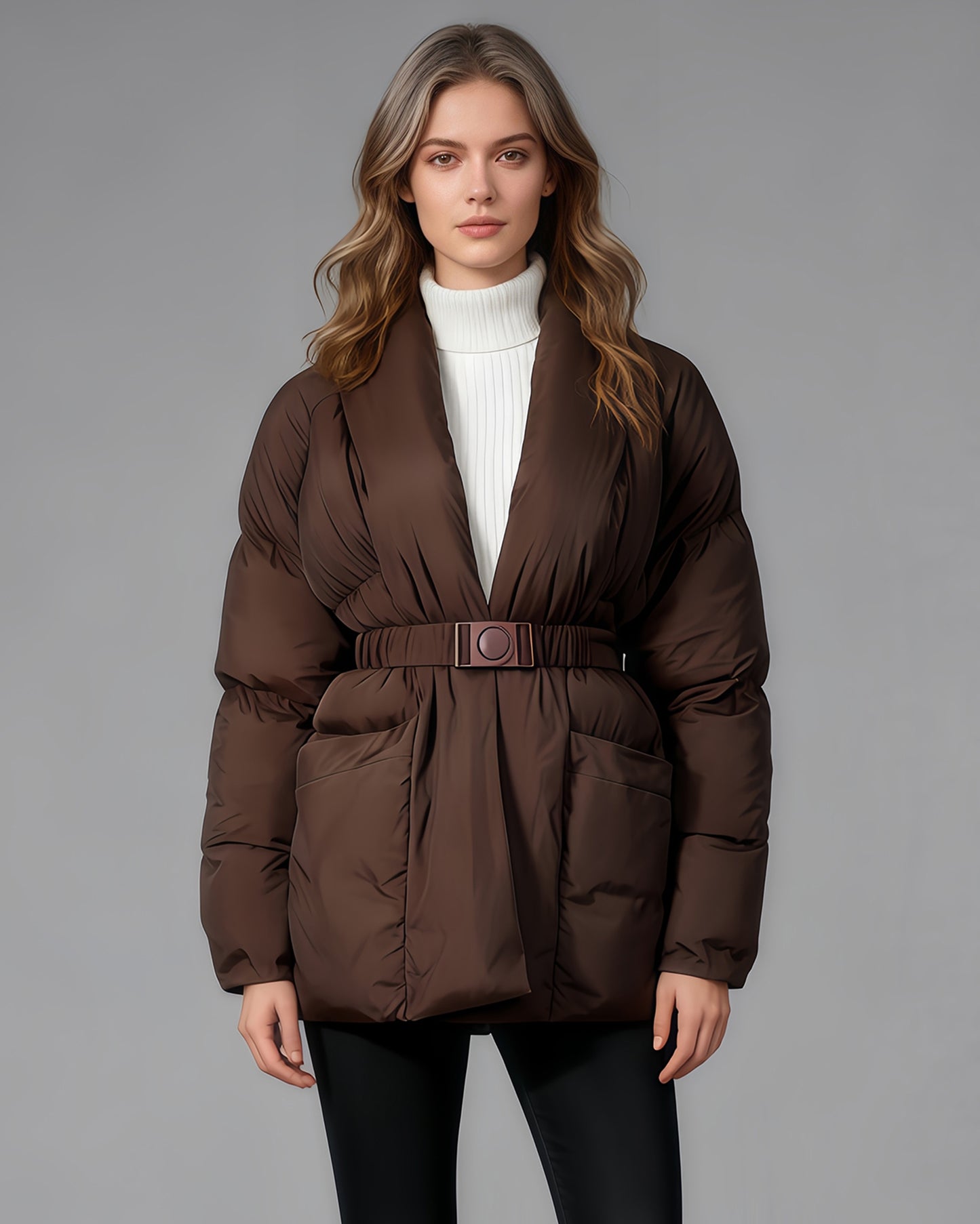 Coffee Belted Cotton-Padded Jacket with Kimono Collar