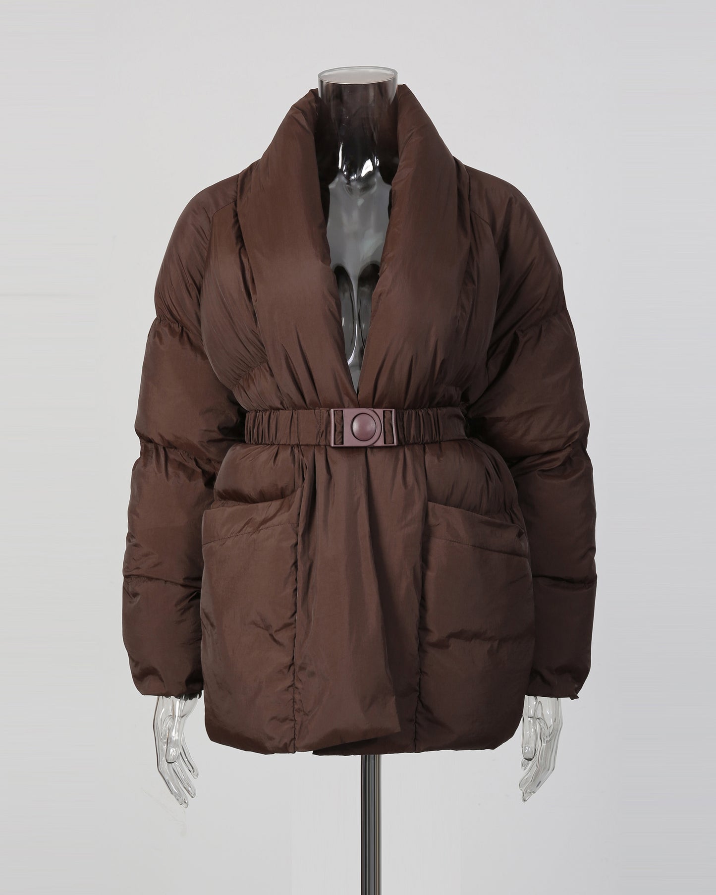 Coffee Belted Cotton-Padded Jacket with Kimono Collar