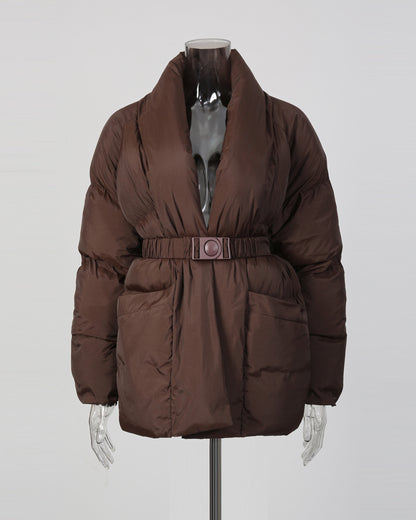Coffee Belted Cotton-Padded Jacket with Kimono Collar