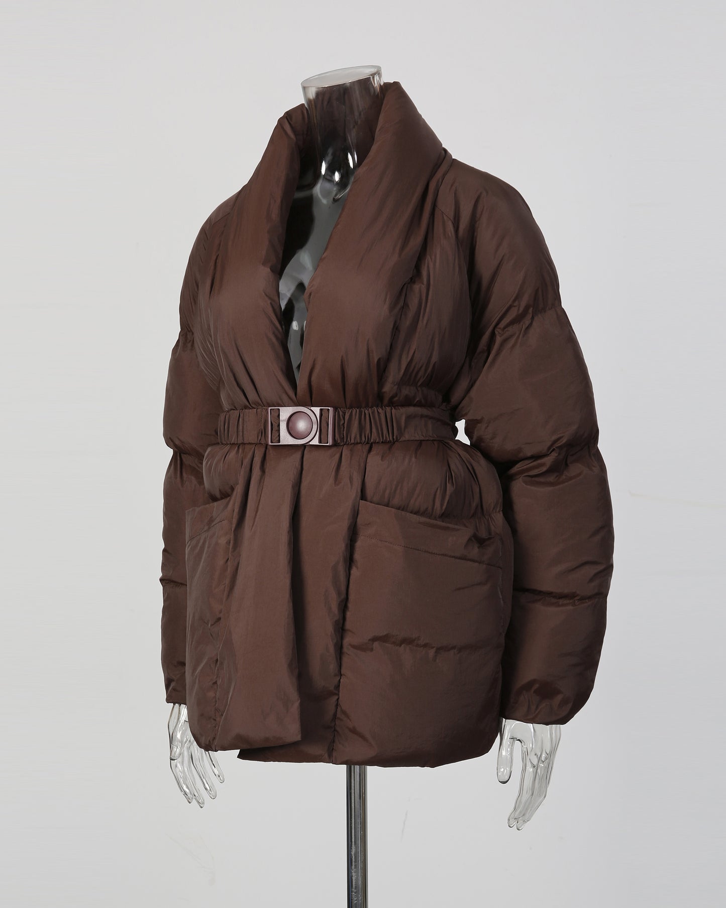 Coffee Belted Cotton-Padded Jacket with Kimono Collar