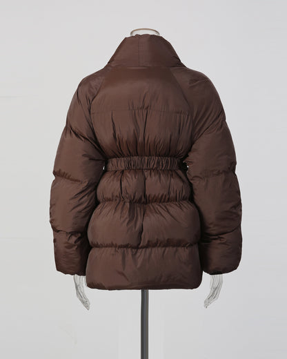 Coffee Belted Cotton-Padded Jacket with Kimono Collar