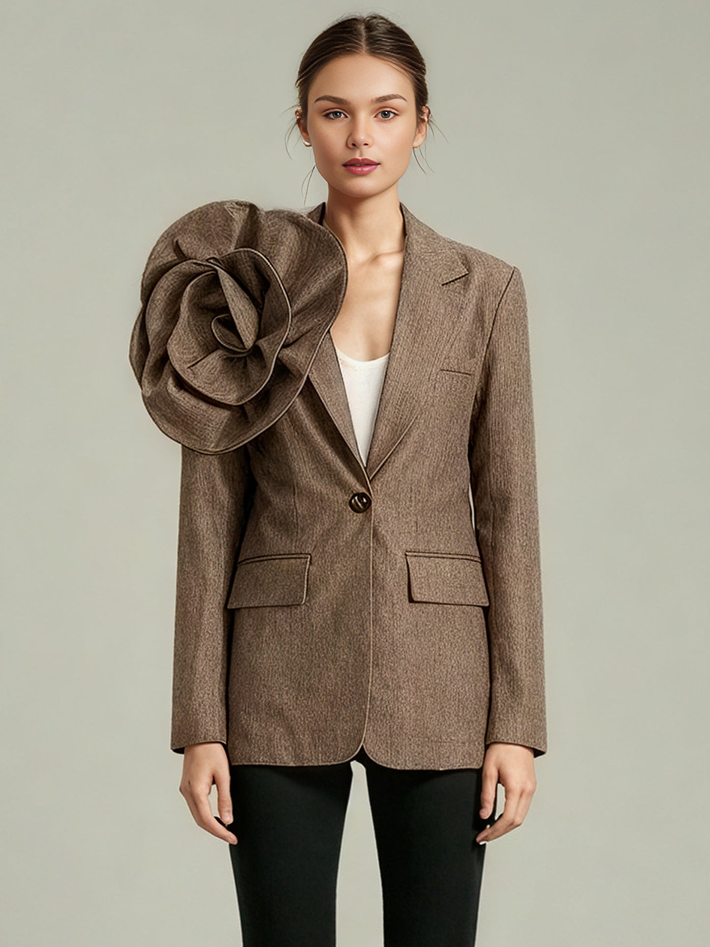 Coffee Blazer with Oversized Floral Shoulder Detail