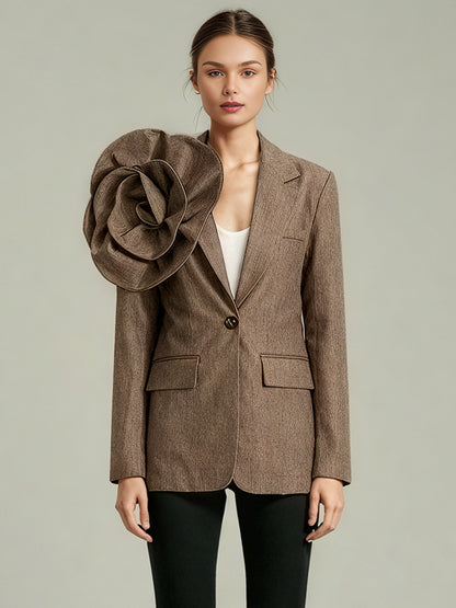 Coffee Blazer with Oversized Floral Shoulder Detail