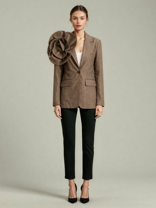 Coffee Blazer with Oversized Floral Shoulder Detail