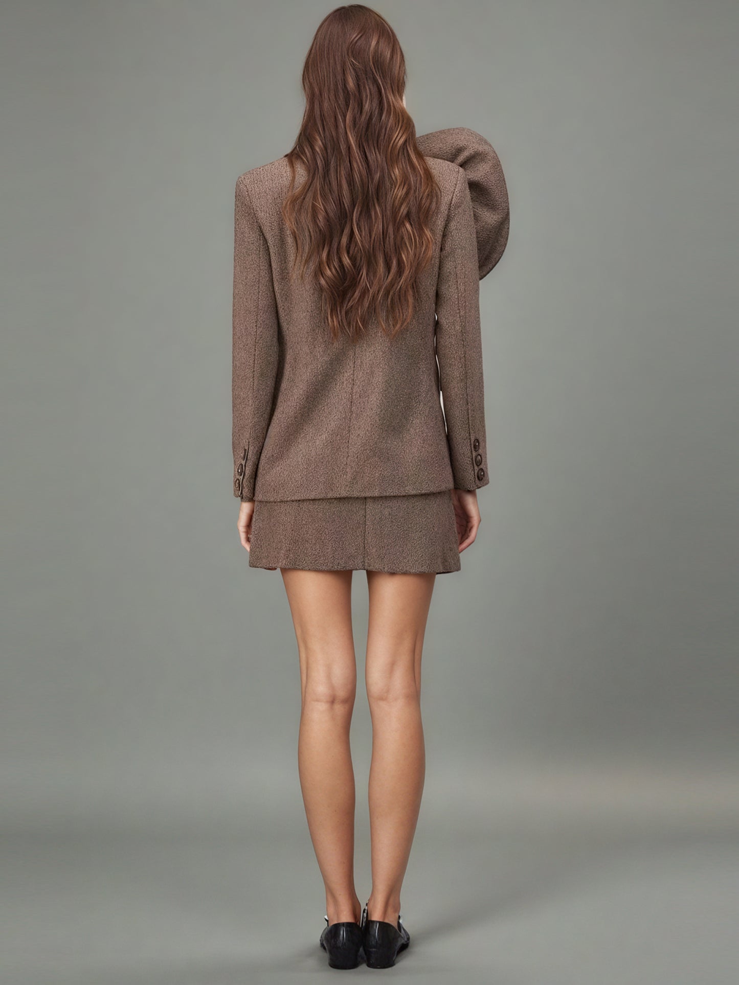 Coffee Blazer with Oversized Floral Shoulder Detail