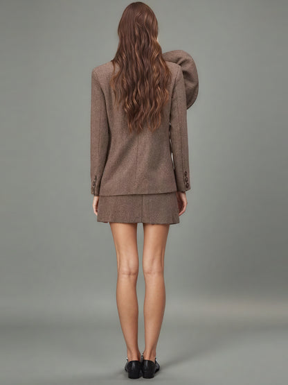 Coffee Blazer with Oversized Floral Shoulder Detail