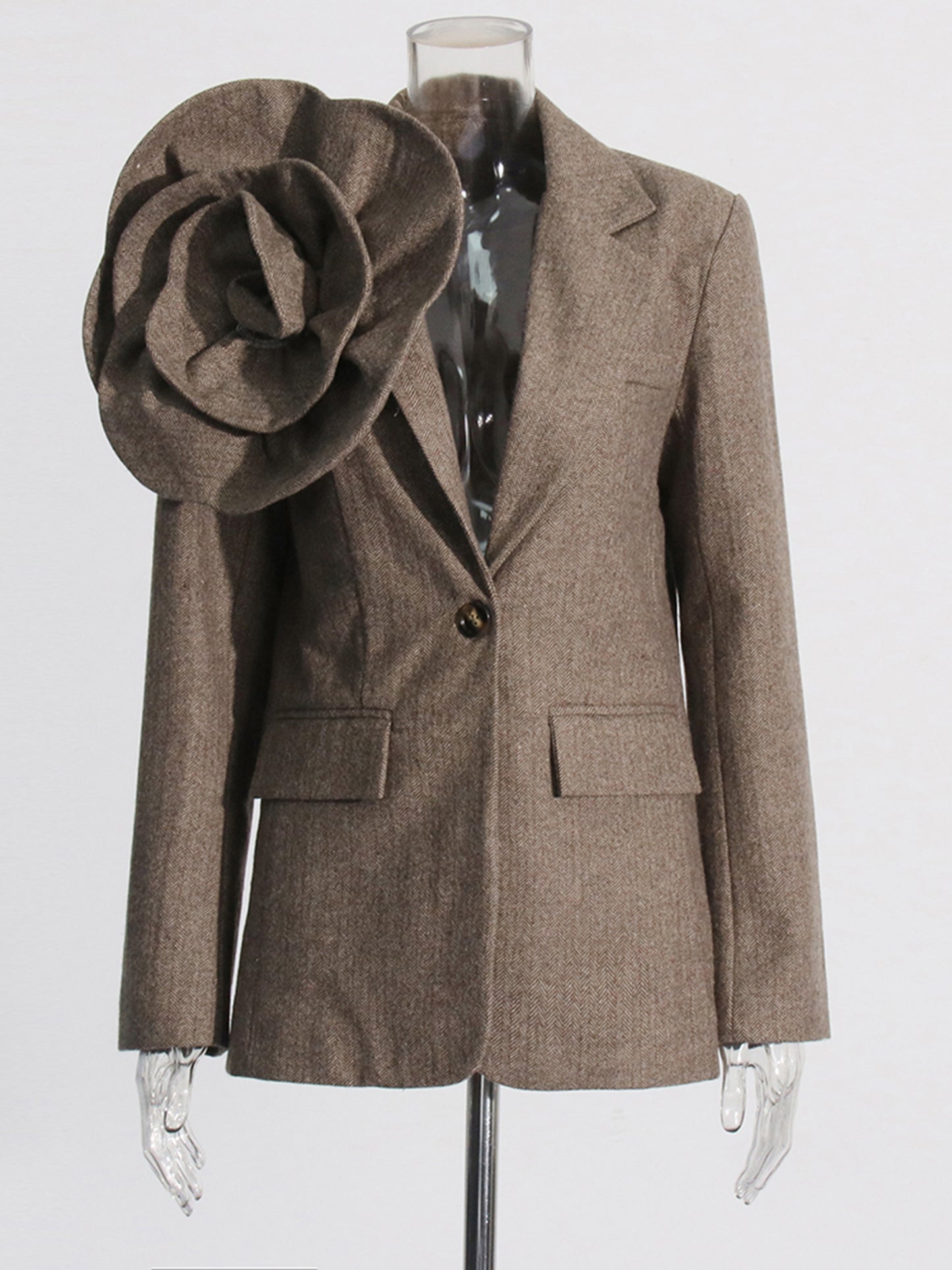 Coffee Blazer with Oversized Floral Shoulder Detail