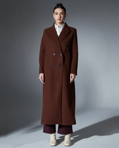 Coffee Brown Double-Breasted Longline Wool Coat