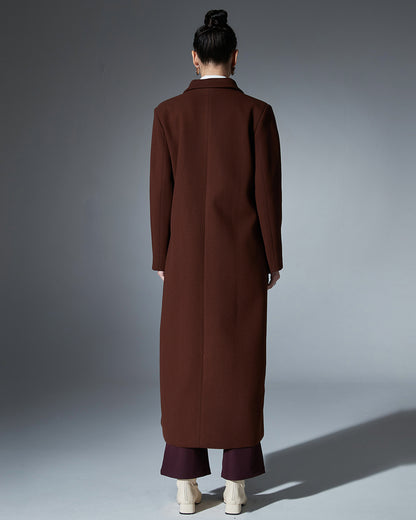Coffee Brown Double-Breasted Longline Wool Coat