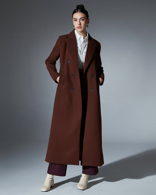 Coffee Brown Double-Breasted Longline Wool Coat