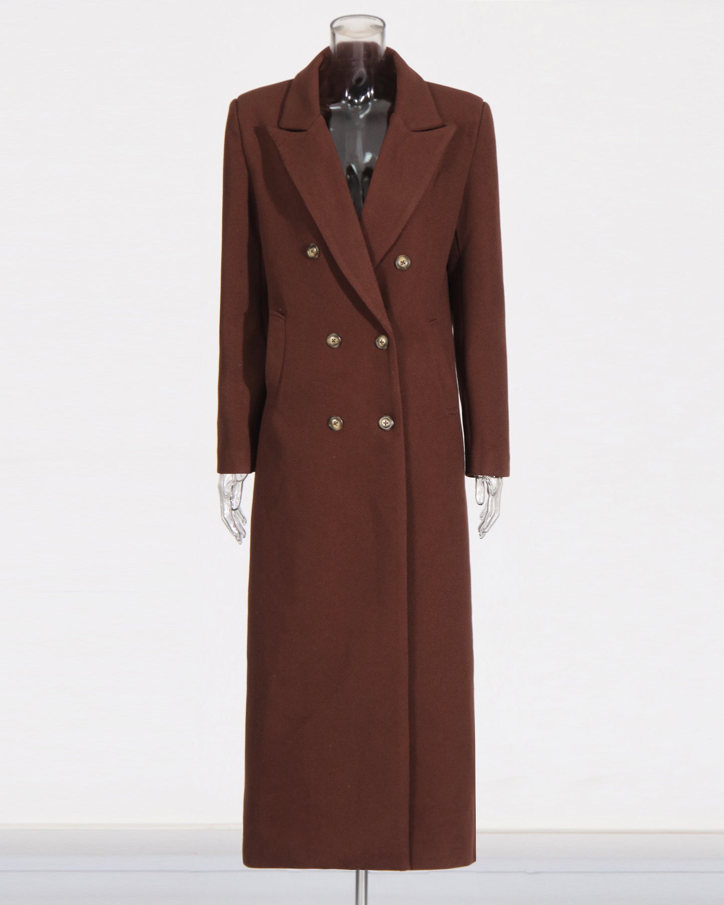 Coffee Brown Double-Breasted Longline Wool Coat