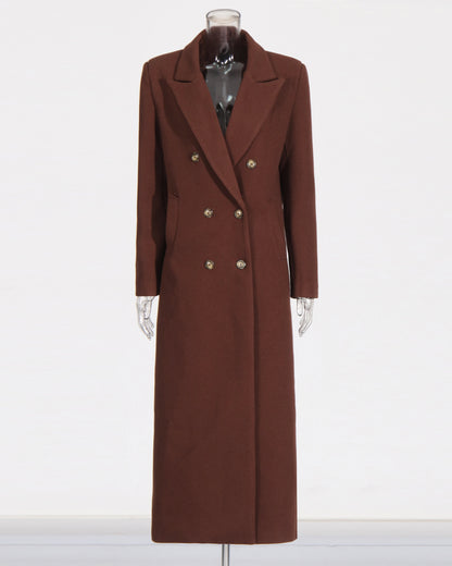 Coffee Brown Double-Breasted Longline Wool Coat