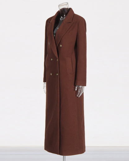 Coffee Brown Double-Breasted Longline Wool Coat