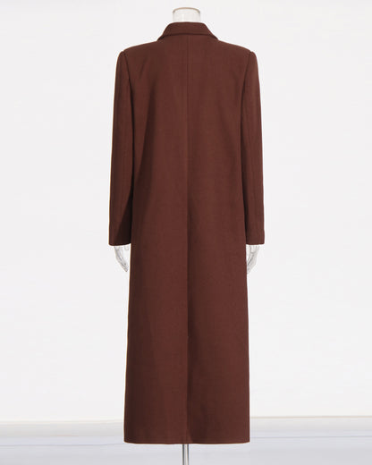 Coffee Brown Double-Breasted Longline Wool Coat