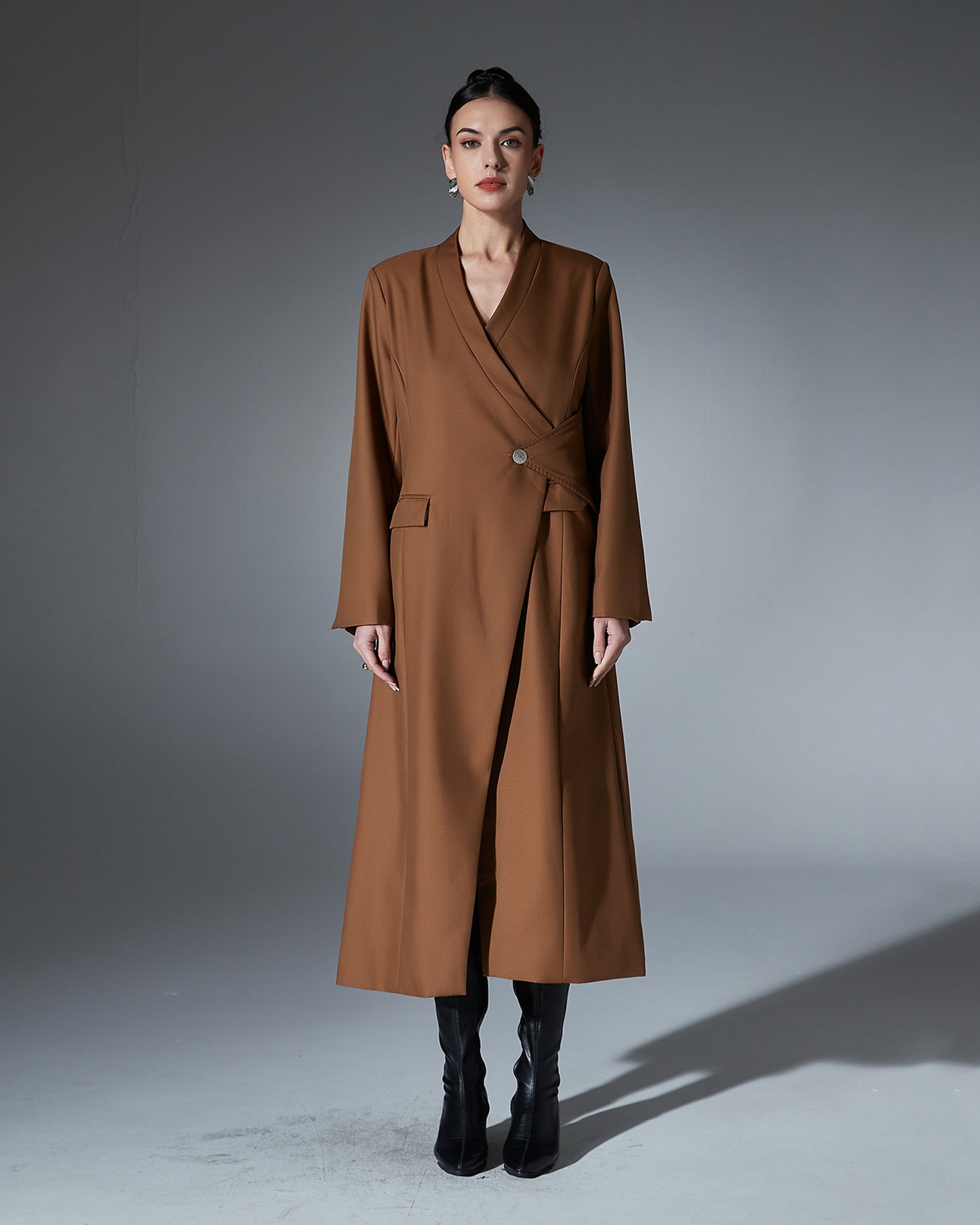 Coffee Brown Wrap Longline Blazer Jacket