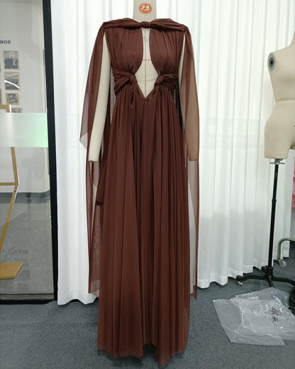Coffee Cape-Style Twist Cutout Mesh Maxi Dress