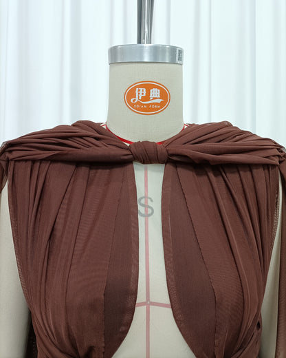 Coffee Cape-Style Twist Cutout Mesh Maxi Dress