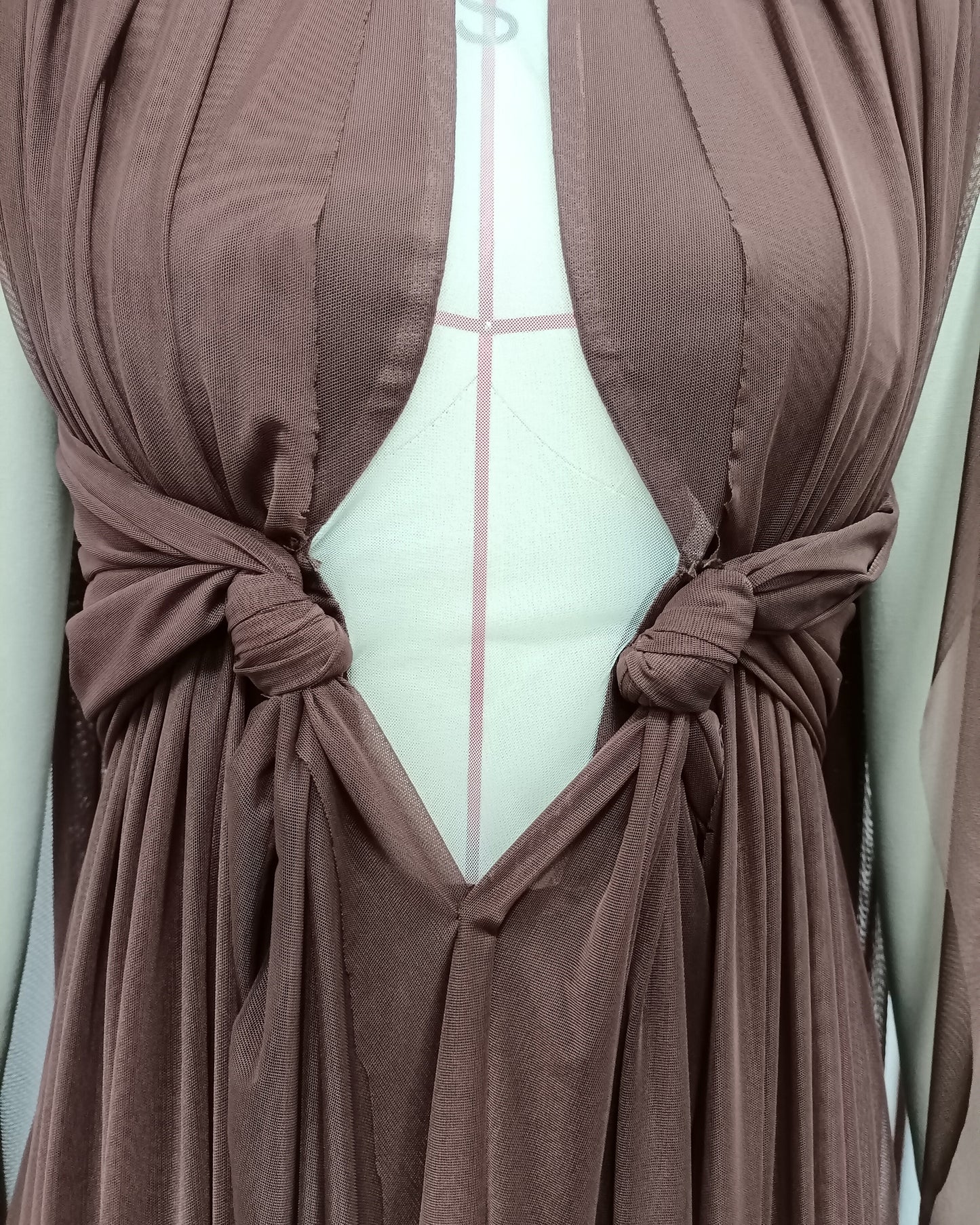 Coffee Cape-Style Twist Cutout Mesh Maxi Dress