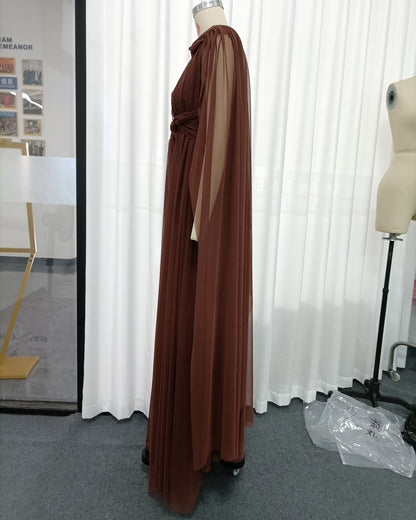 Coffee Cape-Style Twist Cutout Mesh Maxi Dress