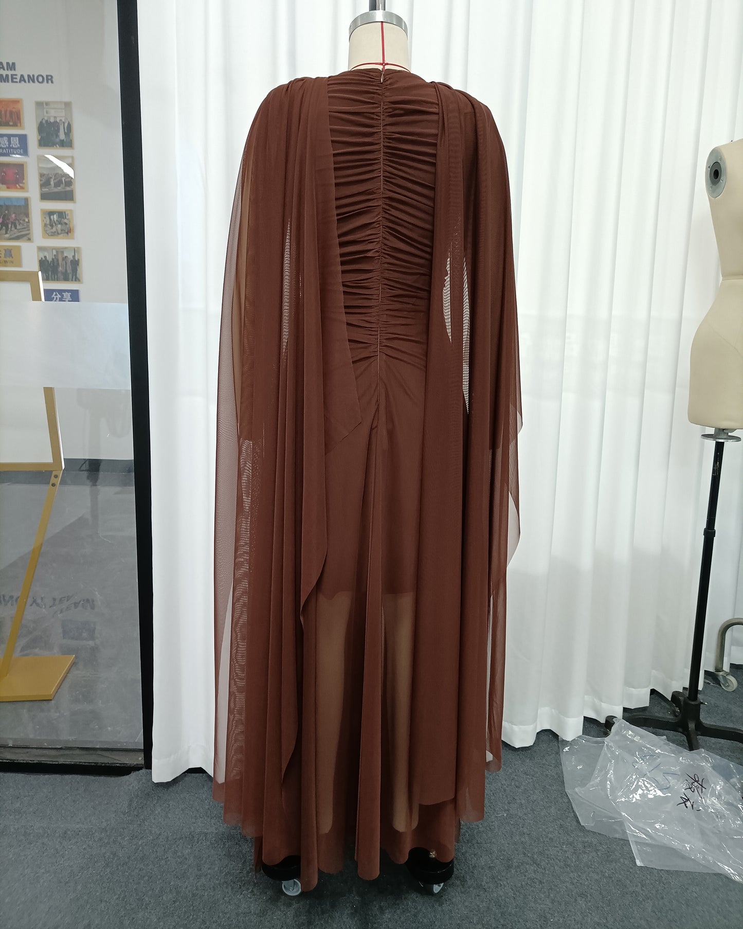Coffee Cape-Style Twist Cutout Mesh Maxi Dress
