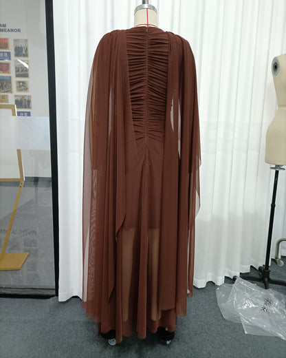Coffee Cape-Style Twist Cutout Mesh Maxi Dress