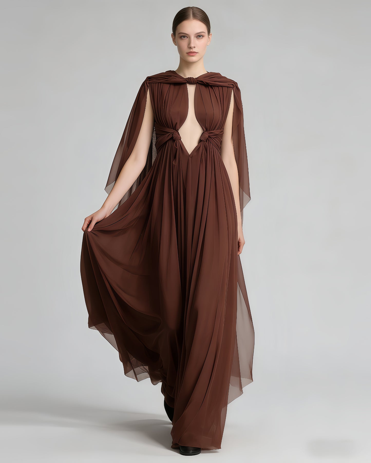 Coffee Cape-Style Twist Cutout Mesh Maxi Dress