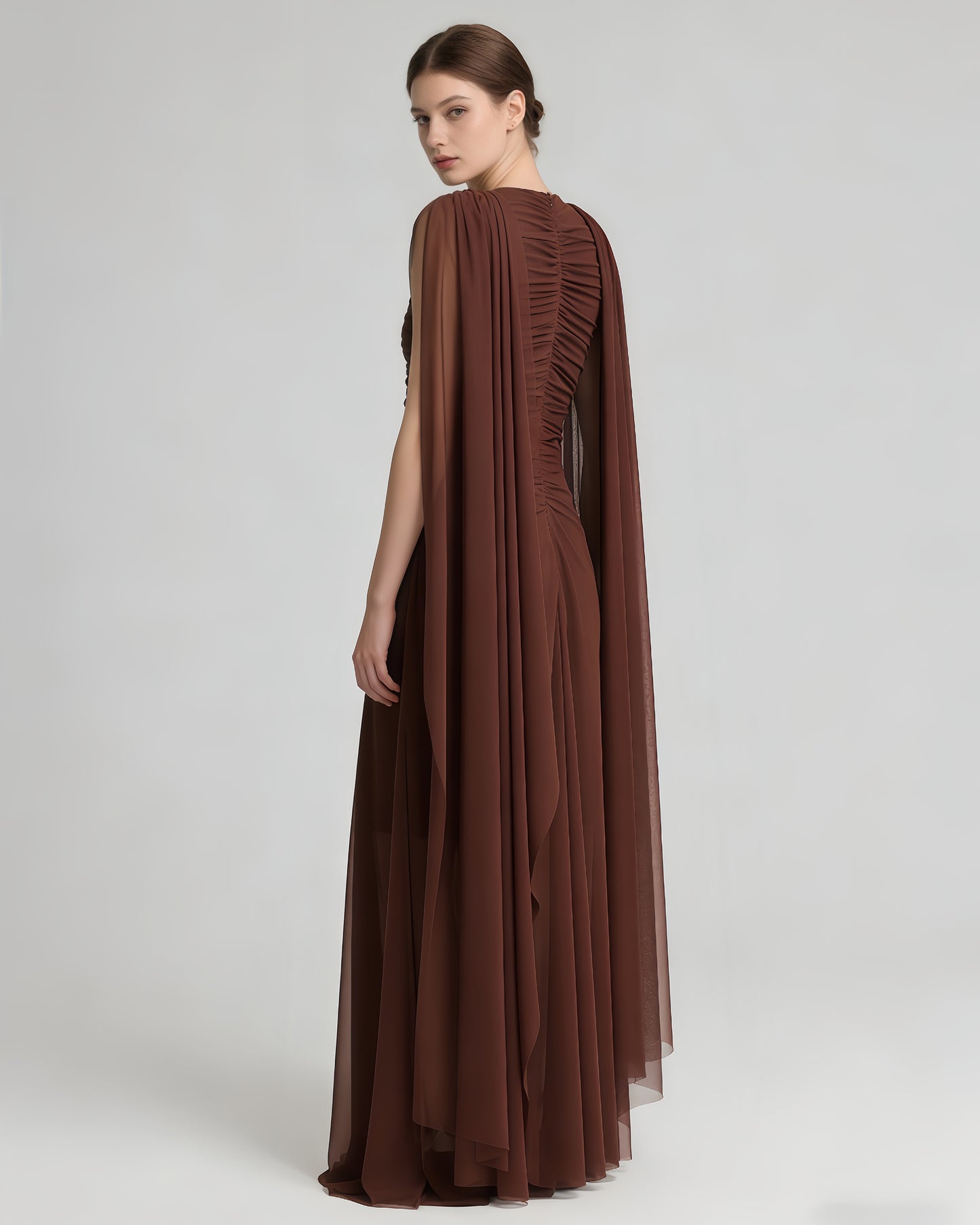 Coffee Cape-Style Twist Cutout Mesh Maxi Dress