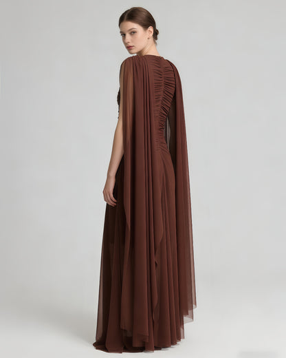 Coffee Cape-Style Twist Cutout Mesh Maxi Dress
