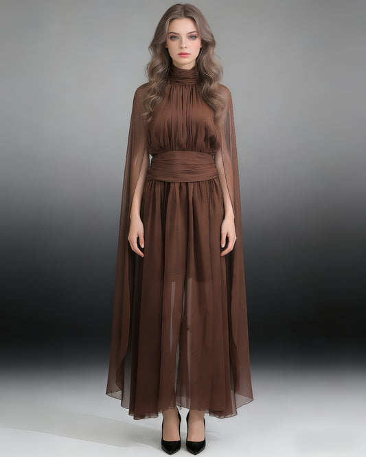 Coffee Chiffon Cape-Sleeve Halter Maxi Dress