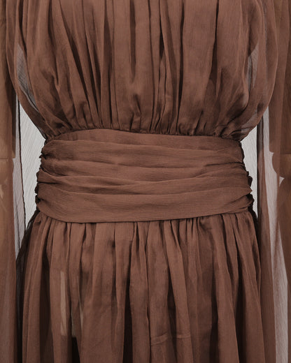 Coffee Chiffon Cape-Sleeve Halter Maxi Dress
