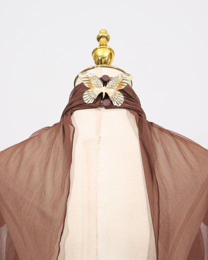 Coffee Chiffon Cape-Sleeve Halter Maxi Dress