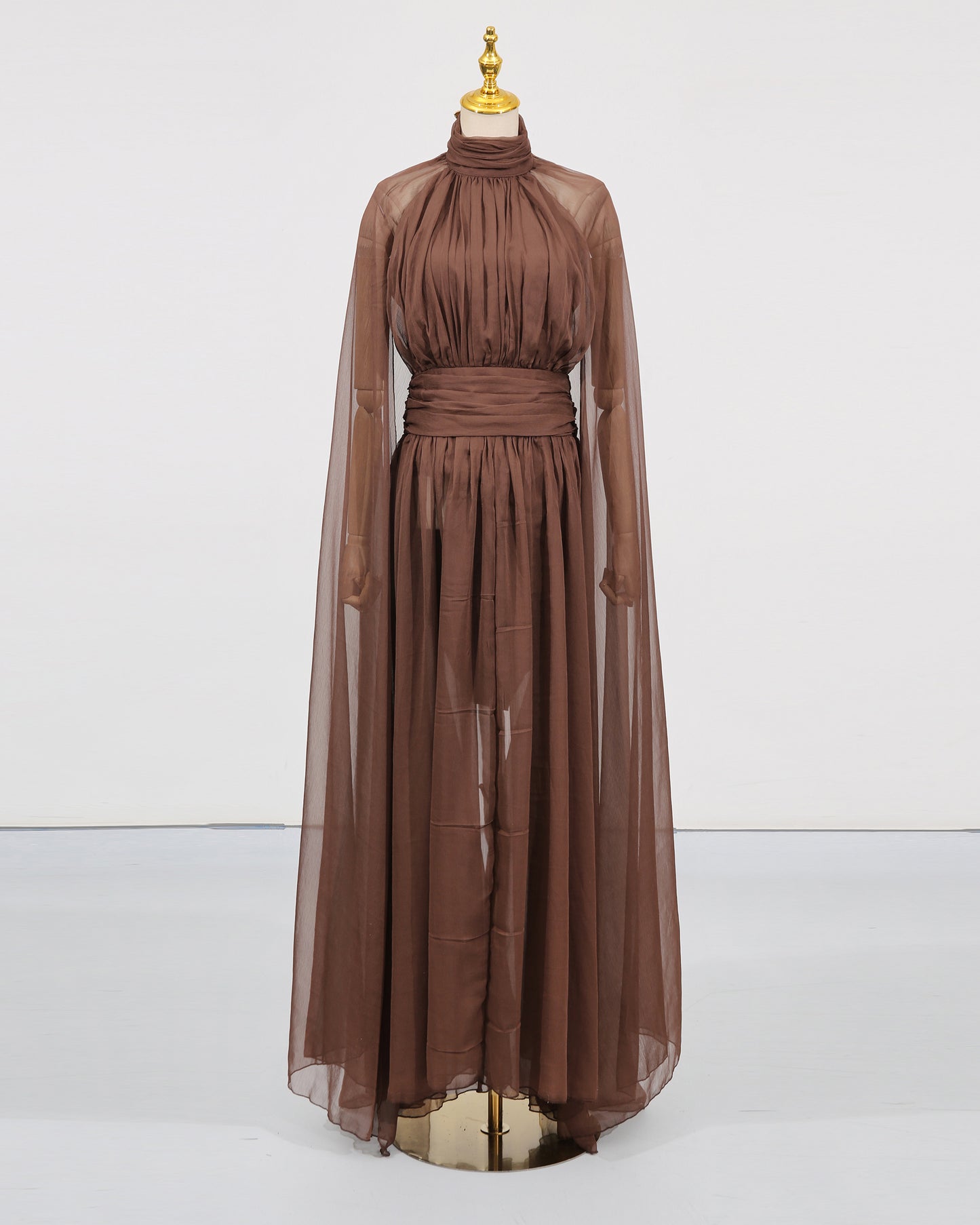 Coffee Chiffon Cape-Sleeve Halter Maxi Dress