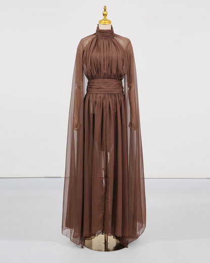 Coffee Chiffon Cape-Sleeve Halter Maxi Dress