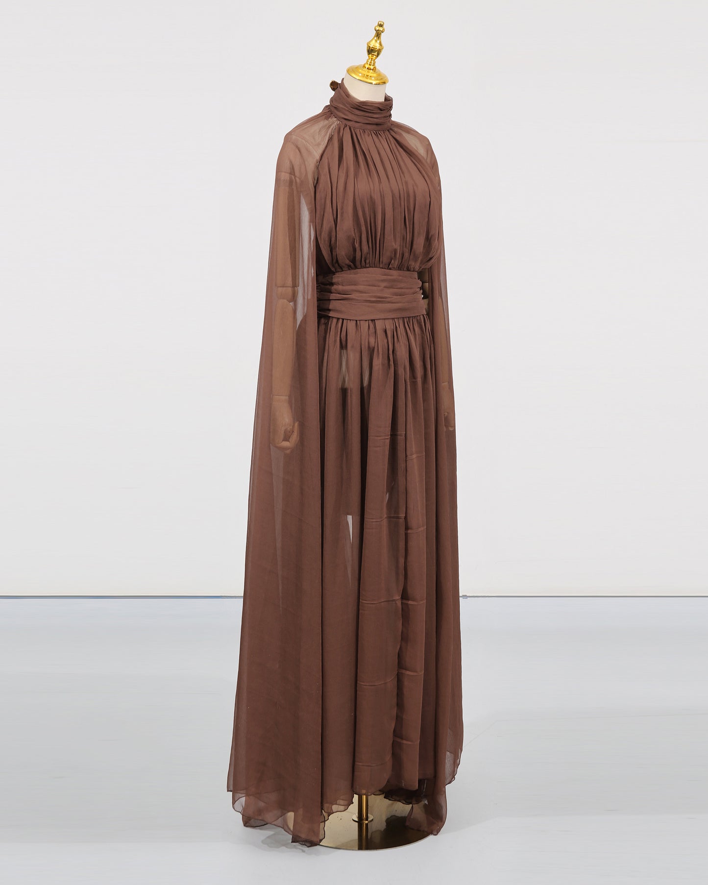 Coffee Chiffon Cape-Sleeve Halter Maxi Dress
