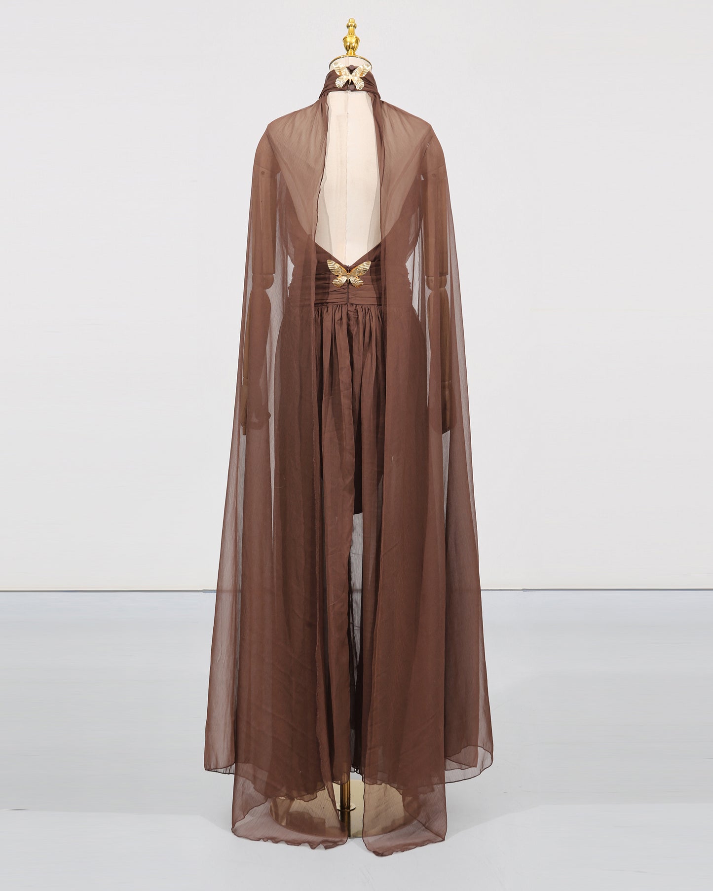 Coffee Chiffon Cape-Sleeve Halter Maxi Dress